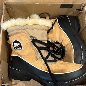 Sorel Tan and Black Winter Rain Boots with Waterproof Design